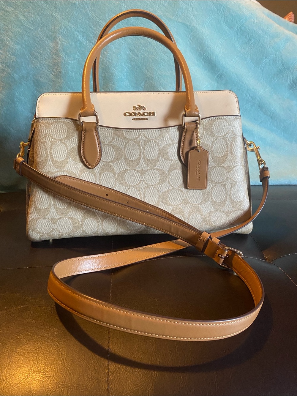 Coach Beige Signature Satchel with Tan Leather Accents and Gold Hardware